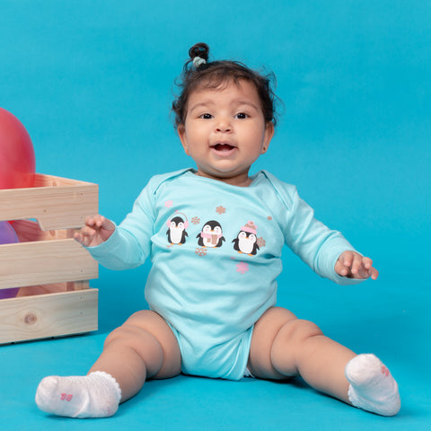 Light blue baby bodysuit – Penguins by NAS Trends