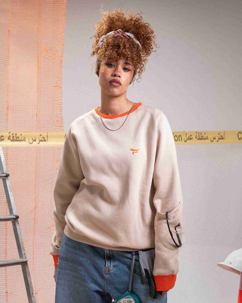 Creamy orange unisex sleeve pocket oversized crew neck sweatshirt by NAS Trends